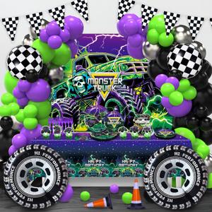 Heidaman 182Pcs Monster Truck Birthday Decorations，Monster Truck Balloon arch，Monster Truck Party decorations，Include Balloon arch, Banner，Backdrop, Cake Toppers，Tableware, Tablecloth