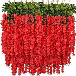 Artificial Wisteria Hanging Flowers Fake Wisteria Flower Garland Silk Vines Rattan Decor for Home Wedding Arch Wall Garden Greenery Bedroom Outdoor Office Party Decoration (48, Red)