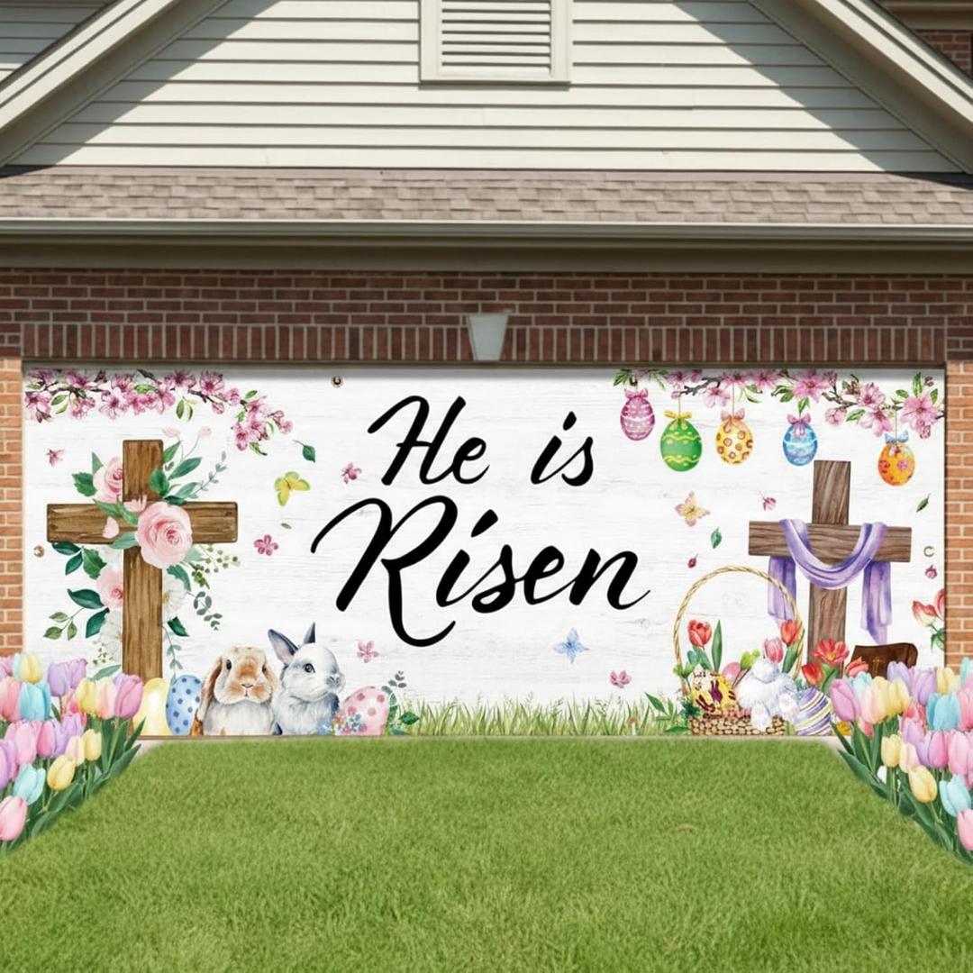 WovWeave Easter Garage Door Banner 6.6 x 16.4 ft He is Risen Garage Outdoor Wall Cover Decorations Religious Hanging Backdrop Banner for Spring Easter Mural Christian Party Background (Cute)