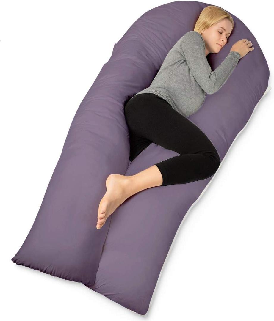 QUEEN ROSE Extra Long U Shaped Body Pillow, 65in Pregnancy Pillows for Sleeping, Full Body Support for Adults and Maternity Women, Cooling Sateen Cover, Purple and White, X-Large