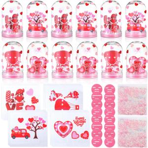 Shappy 12 Set Valentine's Day Snow Globe Craft Kit DIY Make Your Own Plastic Glitter Heart Gnome Snow Globes Kit for Valentine's Day Home Activities