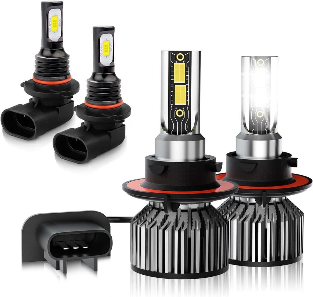 Compatible For Ford F150 F250 F350 (2004-2014) Bulbs 9008 H13 High & Low Beam+9145 Fog Light Bulbs,6500K White 600% Brightness with Fan, Plug and Play, Pack of 4