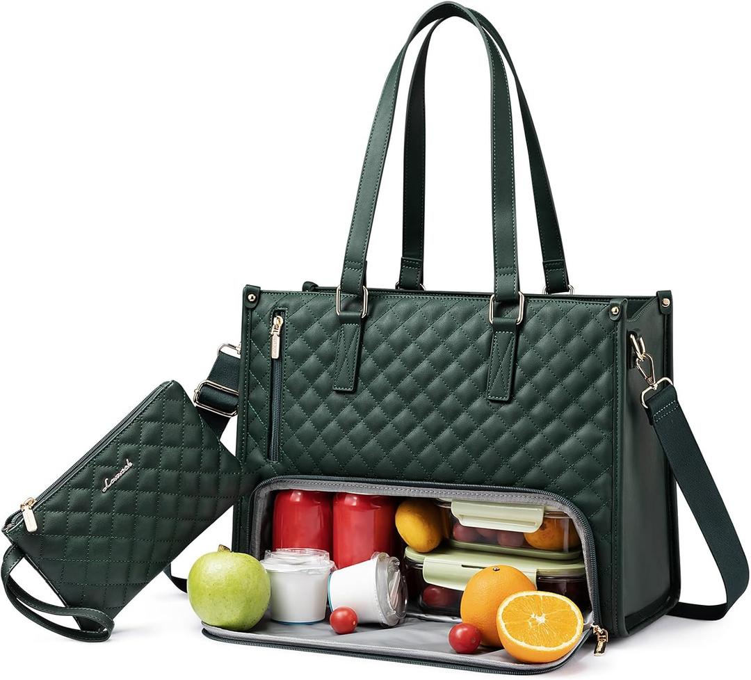 LOVEVOOK Lunch Tote Bag for Women, 15.6 Inch Laptop Bag with Insulated Lunch Compartment, Quilted Large Capacity Computer Handbag with Purse for Business, Work, Nurse, Collage, Office, Casual, Green