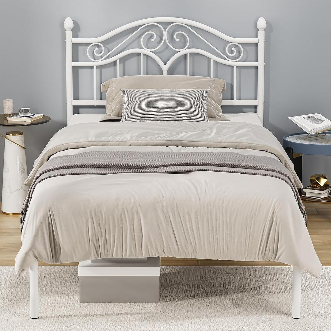 Elephance Twin Size Metal Bed Frame with Vintage Headboard Platform Bed