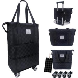 Expandable foldable duffel bag suitcase, detachable rolling wheels,carry-on large duffel bag,luggage bag,suit gym,camping,travel or business trip,Gift for wife and parents-Checkerboard(BLACK)