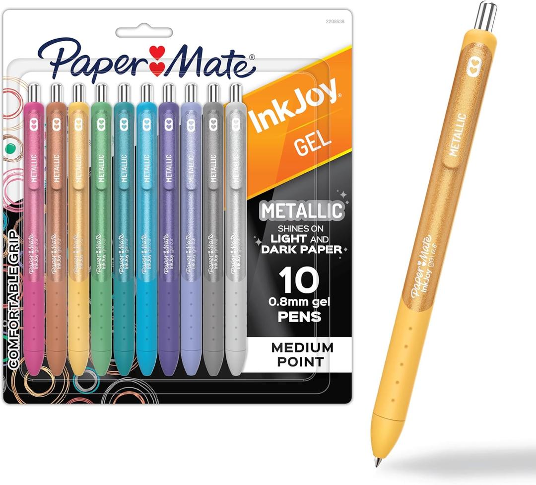 Paper Mate InkJoy Gel Pens, Metallic, Retractable, Medium Point (0.8mm), Glittery Assorted Colors, 10 Count - Perfect for Writing, Doodling, Bullet Journaling, Glitter, Sparkle, Writing Fun