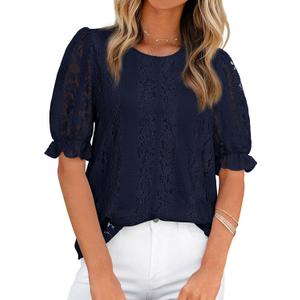 KIRUNDO Lace Tops for Women Trendy 2026 Eyelet Floral Summer Clothes Short Puff Sleeve Spring Blouse Cruise Vacation Outfits (Blue, S)