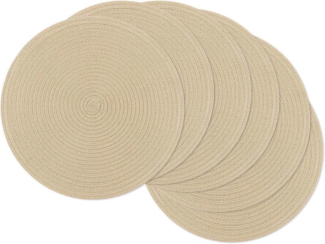SHACOS 15 inch Round Braided Placemats Set of 6 Cotton Polyester Heat Resistant Table Mats Washable Place Mats for Dinner Party Table Decoration (Light Beige, 6)