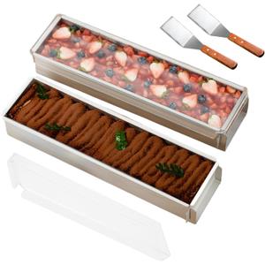Rectangle Cake Pan, 2-Pack 16-Inch Tiramisu Molds with Acrylic Lids & Spatulas, Aluminum Alloy Cheesecake Mold for Baking Mousse Brownies Desserts