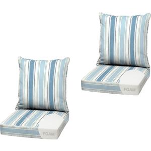 Arden Outdoor Foam Deep Seat Cushion, 2-Pack, 22x24, Premium High-Density Foam, Never Flattens, Weather-Proof for Patio Chair Sofa Couch, French Blue Linen Stripe