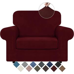 WEERRW Velvet Stretch Chair Sofa Slipcover - 2 Pieces Luxury Soft Velvet Plush Couch Cover Furniture Protector with Elastic Bottom for Pets, Machine Washable, Burgundy, Small