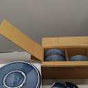 Pokini Blue Stoneware Dinnerware Set, 12 pcs Reactive Glaze Plates and Bowls Sets, Handmade Round Dishes Set for 4, Highly Chip and Crack Resistant Modern Plate Set