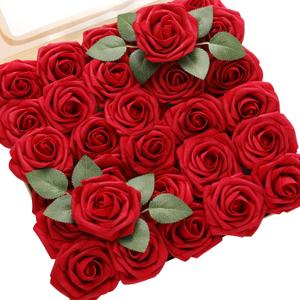 DerBlue 60pcs Artificial Roses Flowers with stem and 10pcs Green Leaves Real Looking Fake Roses Artificial Foam Roses Decoration DIY for Wedding,Arrangements Party Home Decorations