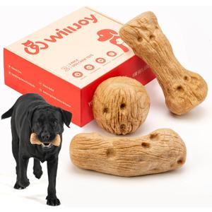 Willjoy 3-Pack Dog Toys for Aggressive Chewers, Chew Toys for Aggressive Chewers, Pine Wood & Nylon, Bacon Flavor Aggressive Chew Toys for Large Dogs, Long Lasting Dog Chews Alternative to Real Sticks (3-Pack DuraDumb/RollBall/CurveBone)