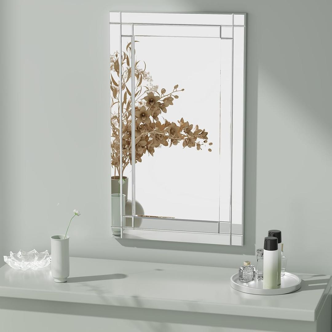 18" x 30"Frameless Rectangular Wall Mirror,Polished Beveled Edge Decorative Mirrors Modern Wall Decor Mirrors Silver Wall Mirror for Bathroom Vanity, Entryway and Living Room