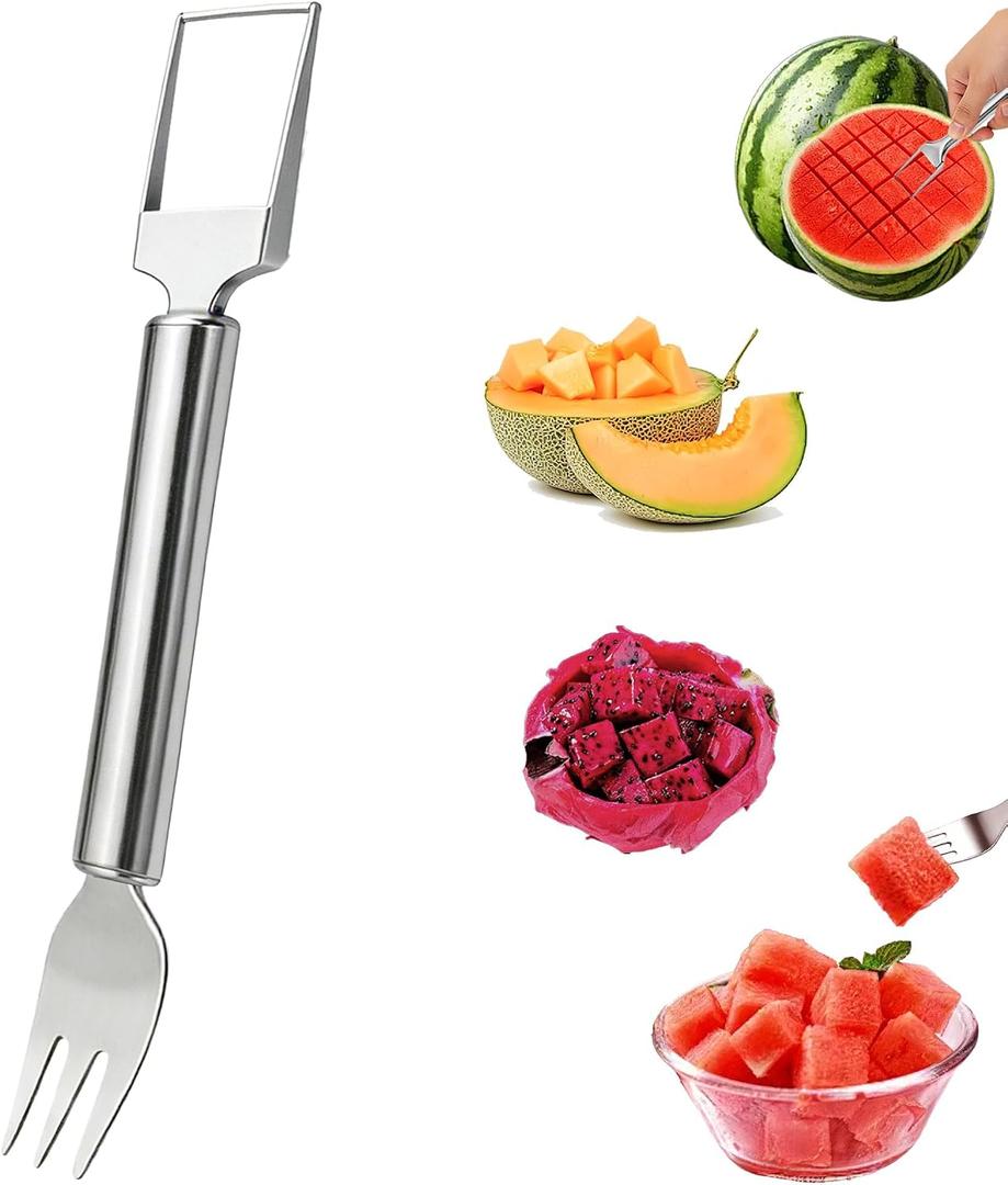 2-in-1 Dual Head Watermelon Slicer Fork, 304 Stainless Steel Fruit Cube Cutter Tool, 1 Pack