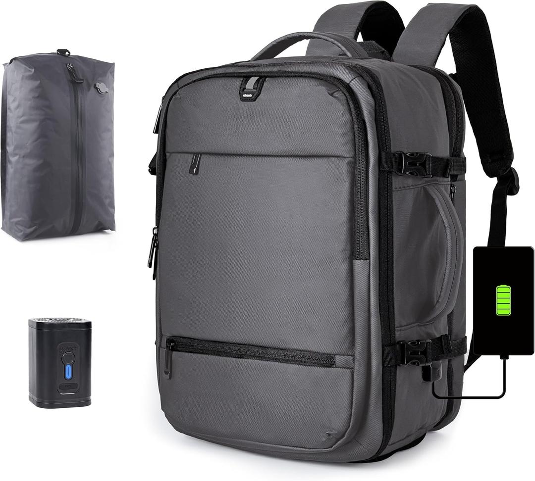 Vacuum Seal Backpack for Travel with Pump, 60L Expandable Backpack with Detachable Vacuum Compression Bag Waterproof Carry On Large Travel Bag for Airline Laptop Backpack with Shoe Compartment Gray