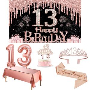 13th Birthday Decorations for Girls with Banner, Rose Gold Tablecloth, Number Balloons, Crown/Tiara, Candles, Official Teenager Sash and Cake Topper