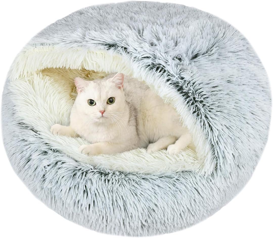 Calming Cat Beds, Fluffy Plush Round Cat Cave Washable, Cozy Warming Anti-Slip Small Dog Bed for Puppy and Kitten, Soft Anti Anxiety Pet Nest (2020 inch, Grey)