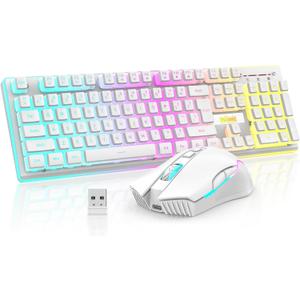 RedThunder K10 Wireless Gaming Keyboard and Mouse Combo, RGB Backlit Rechargeable 3800mAh Battery, Mechanical Feel Anti-ghosting Keyboard with Pudding Keycaps + 7D 3200DPI Mice for PC Gamer (White)