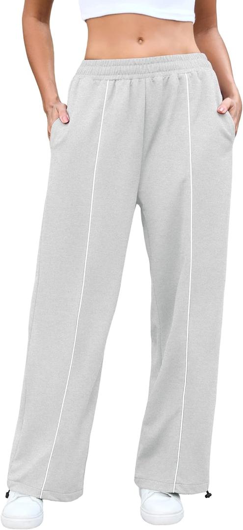 ZAFUL Womens Side Striped Pant Baggy Wide Leg Sweatpants Elastic Waisted Contrast Stripes Loose Fit Trousers (Gray, L)