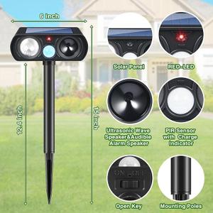 2025 2Pack Solar Deer Repellent Device Ultrasonic Repellent Outdoor Solar Animal Repeller with LED Strober Light&Motion Sensor Cat Deterrent Outdoor to Scare Squirrel Raccoon Skunk Repellent for Yard, Black