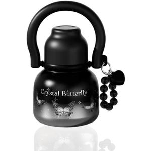 22 oz Water Bottle with Straw and Bowl, Unique Wide Mouth Insulated Stainless Steel Tumbler, Beach Vacation Essentials, Aesthetic Fashion Gift for Her, Mom, Heart Charm, Black & Pink (Crystal Butterfly Silver)