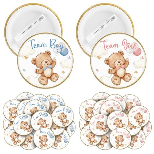 Landical 60 Pcs Bear Gender Reveal Pins, Funny Baby Shower Team Gender Reveal Decorations for Party Supplies Blue and Pink Team Button Pins Games Decorations