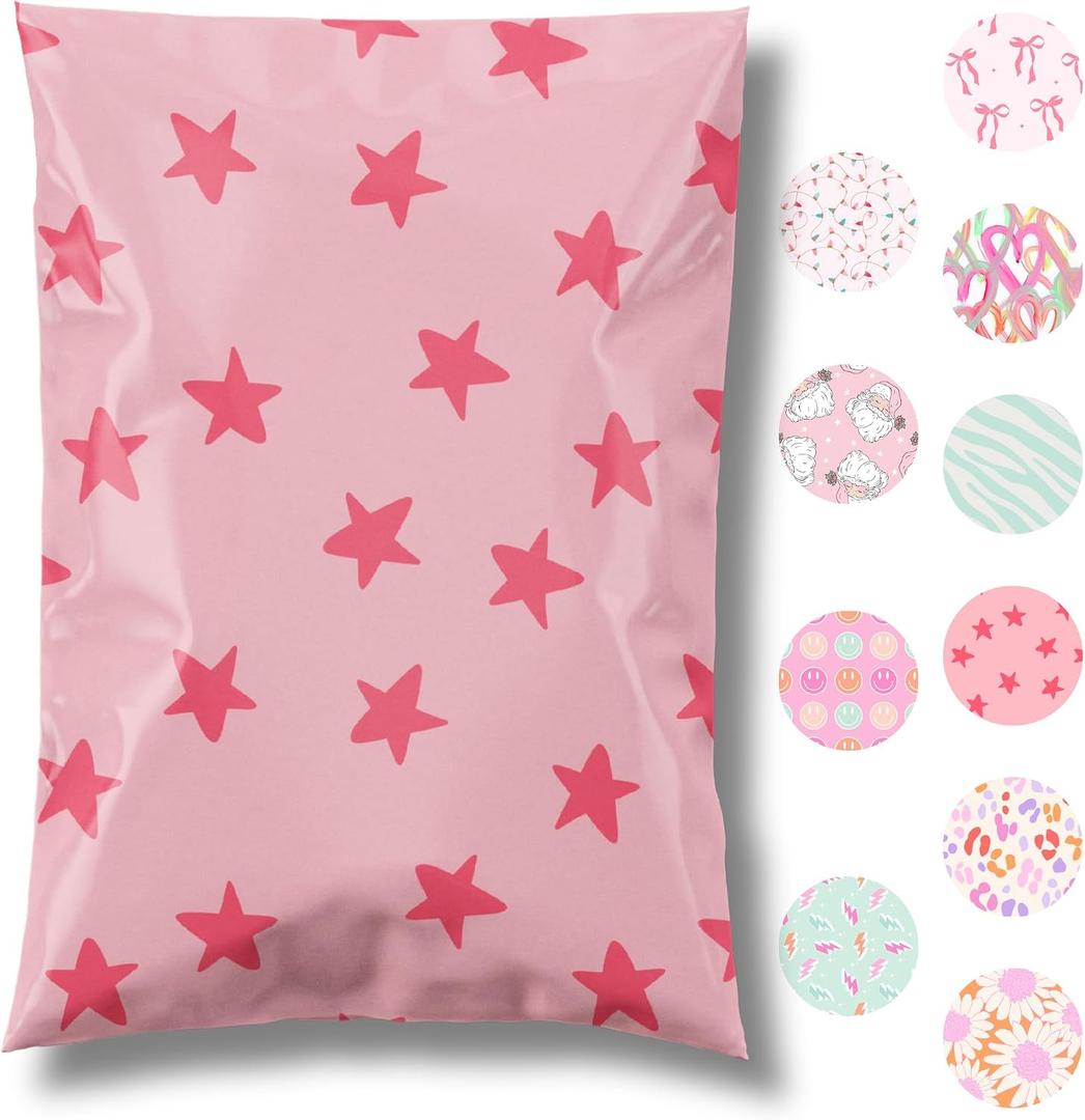 Pretty Package Store 10x13 Designer Poly Mailer 100 Pack Heavy Duty Waterproof Self Seal Shipping Bags for Small Business Large Mailing Envelopes Bulk Tear Resistant Cute Packaging Seeing Stars Pink