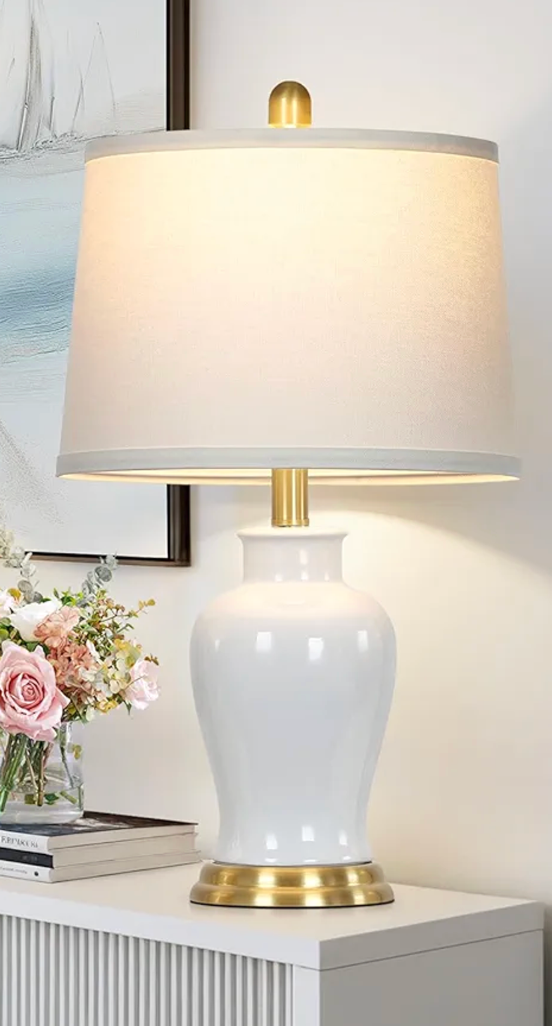 Modern Ceramic Table Lamp 23" White Ceramic Lamps for Living Room, Rustic Farmhouse Bedside Lamp with Ginger Jar Design, Elegant Bedroom Lamp for Nightstand Desk Side End Table Home Decor