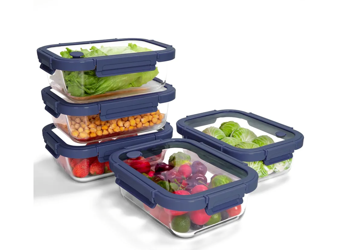 BOROHOUSE 5Pack Borosilicate Glass Containers with Tempered Lids, 35.2oz/4.4 Cup Airtight Meal Prep Set, Microwave/Freezer Safe (Blue)
