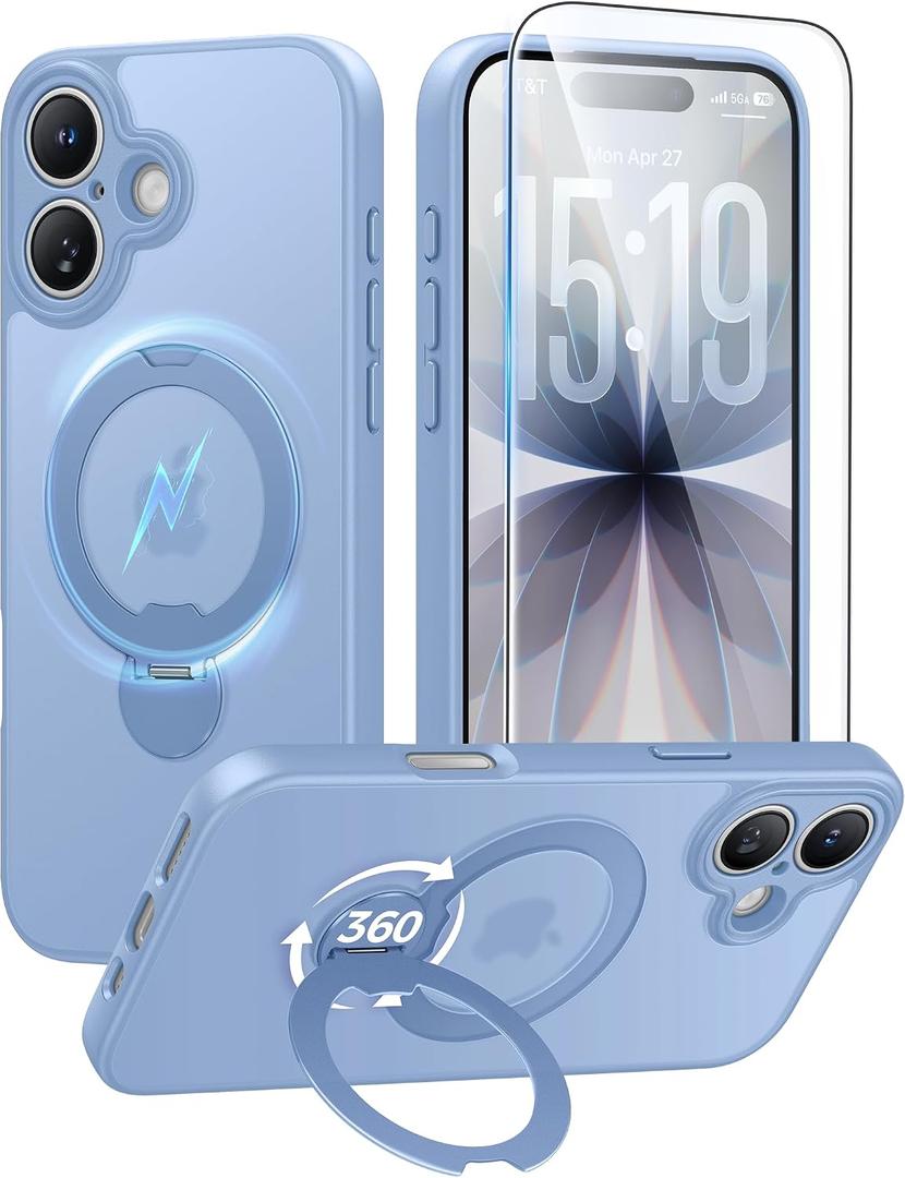 FNTCASE for iPhone 17 Case: [360 Spin Magnetic Stand] [Compatible with Magsafe] [Screen Protector] Translucent Matte Military Grade Shockproof Full Camera Protective Phone Cover - Light Blue