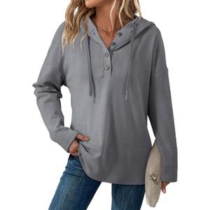 Dokotoo Hoodies for Women Long Sleeve Drawstring Button V Neck Fleece Casual Lightweight Pullover Sweatshirt Hooded Tops (Gray, S)