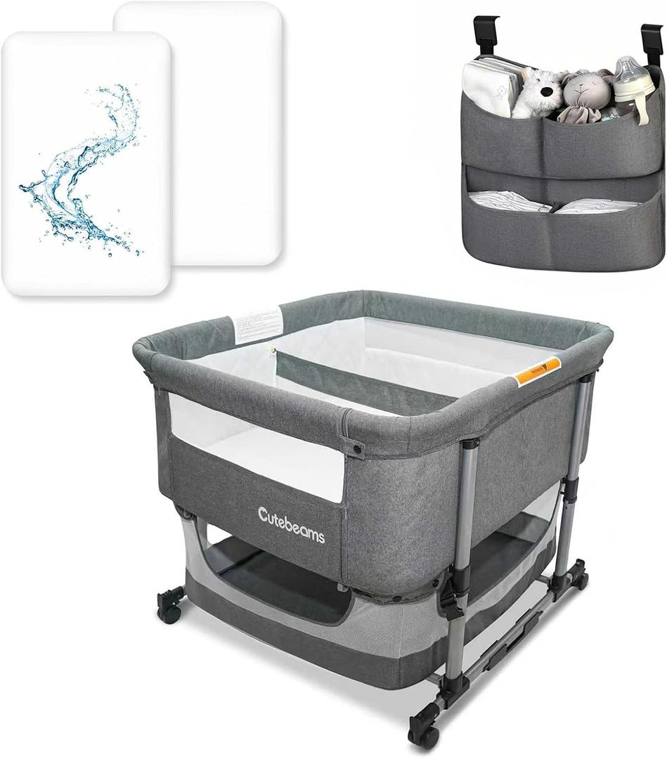 Twin Bassinet for 2 Babies with 2-Pack Waterproof Sheets and Hanging Diaper Organizer, Bedside Double Bassinet for Twins, Rocking Bassinet for Baby with Storage Basket, Includes Mattress