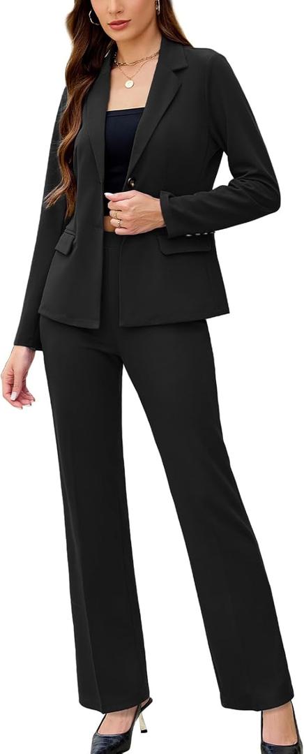 Women's 2 Piece Suits Business Casual Outfits Long Sleeve Solid Blazer with Pants Professional Office Work Sets (Black, Small)