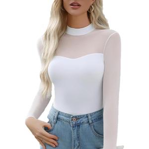 Avidlove Women's Sexy Mock Neck Sheer Mesh Long Sleeve Bodysuit Double Lined Slimming Body suit Going Out Tops (XX-Large, White)