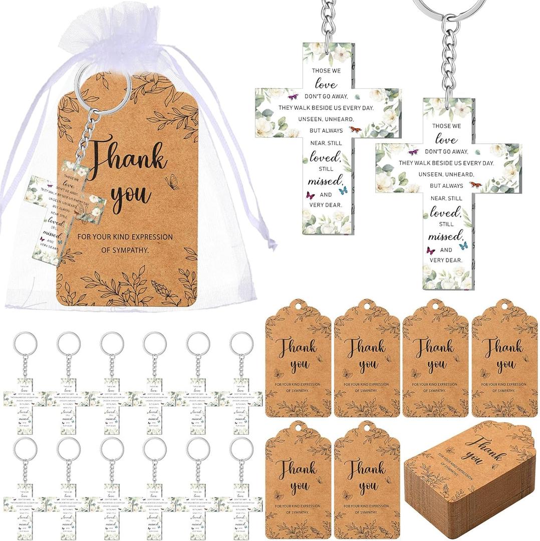 Equsion 60 Set Funeral Favors Celebration of Life Favors Acrylic Keychains for Funeral Memorial Party Guest Return Gifts(Cross)