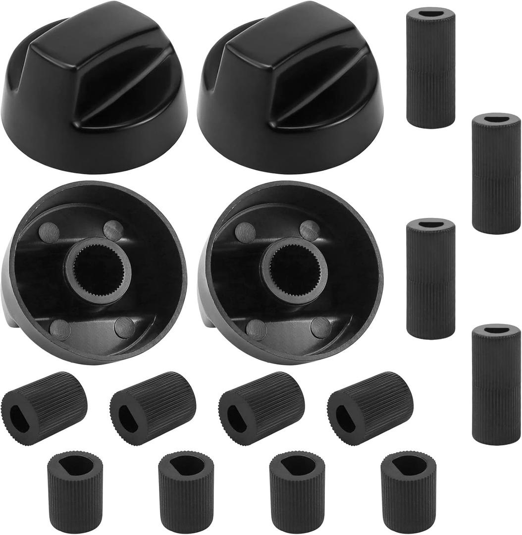 AMI PARTS Universal Oven Knobs - 4 Black Stove Control Knobs & 12 Adapters (4 Long, 8 Short) - Compatible with Most Gas & Electric Ranges & Ovens - Universal Stove Knobs