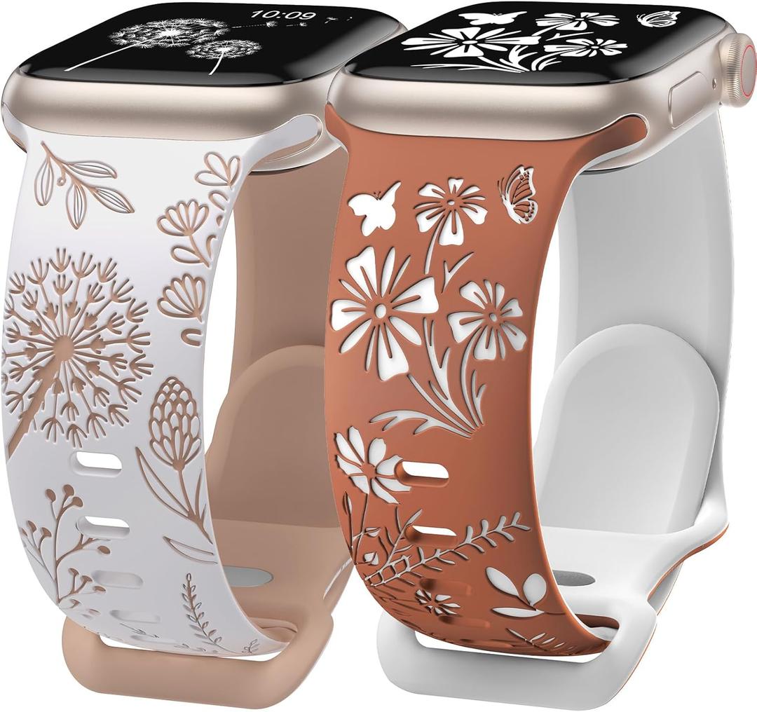 Wearlizer 2 Pack Floral Engraved Band Compatible with Apple Watch Bands 41mm 40mm 38mm Women, Cute Two-Tone Flower Soft Silicone Sport Strap for iWatch 9 8 7 6 5 4 3 2 1 SE Ultra 2-Variation 1