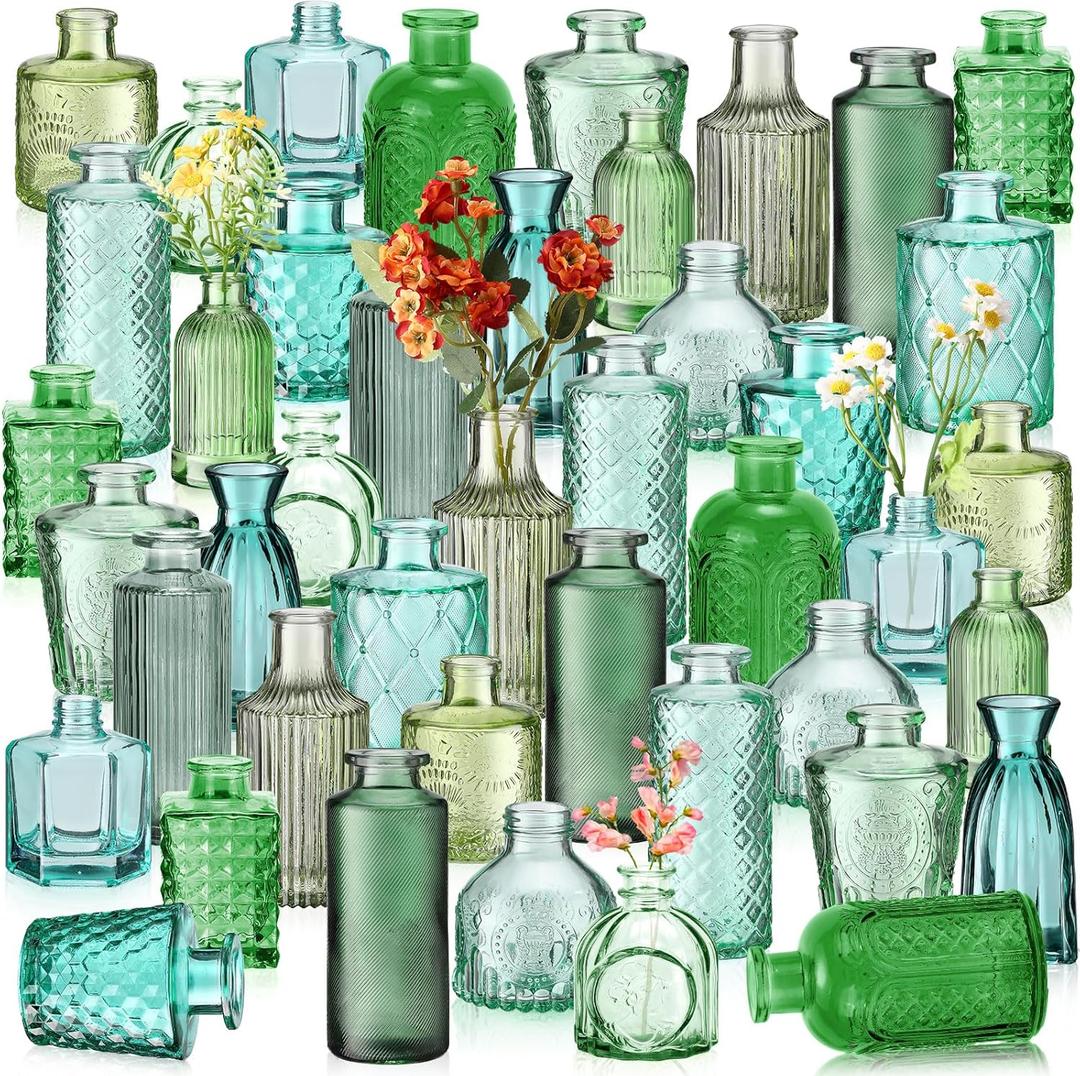 Yaomiao 60 Pcs Vases Bulk Colored Flower Glass Vases Bud Vintage Colored Glass Bottles Colorful Rustic Embossed for Valentine's Day Home Wedding Table Decorations Gifts(Green Series)