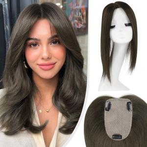 Hair Toppers for Women Real Human Hair,100% Unprocessed Virgin Human Hair Topper 14 Inch Large Silk Base Upgrade Hair Pieces for Women with Thinning No Bangs for Add Volume (Dark Brown)