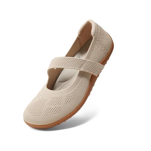 Arromic Wide Toe Box Flat Shoes Women Mary Jane Flat Shoes Comofortable Ballet Flat with Adjustable Straps Slip on Washable Knit Casual Flats Nude 9