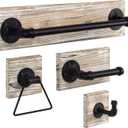 MyGift 4 Piece Wall Mounted Bathroom Hardware Set, Rustic Torched Wood and Industrial Matte Black Metal Pipe Towel Ring, Robe Hook, Toilet Paper Holder and Towel Bar