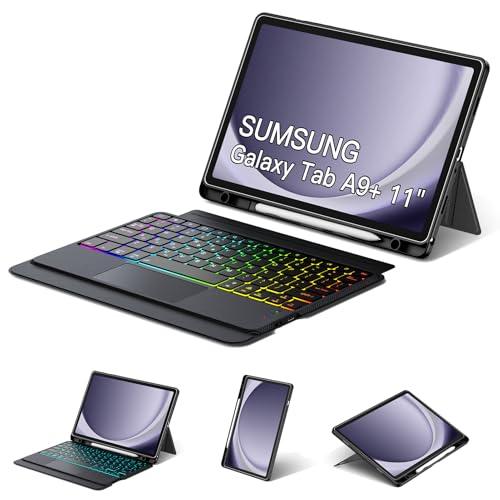 WERNURPAI Trackpad Keyboard Case for Samsung Galaxy Tab A9 Plus/A9+ 11 Inch 5G 2023 SM-X210/X216/X218, 7-Color Backlit Slim Wireless Detachable Magnetic Keyboard for A9+ Tablet with S Pen Holder Black