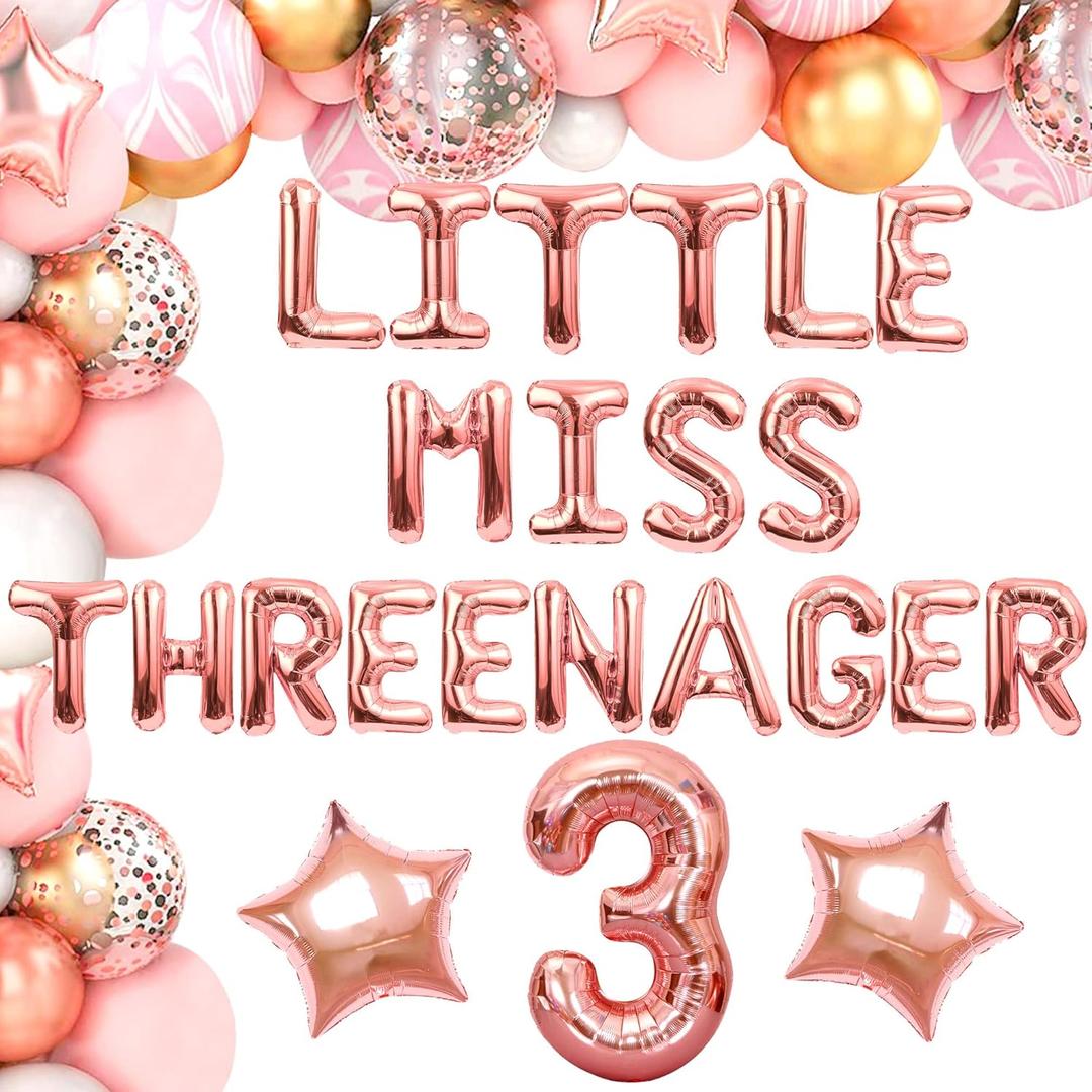 Little Miss Threenager Balloons Little Miss Threenager Birthday Decoration Little Miss Threenager backdrop Little Miss Threenager Party Supplies 3rd party Decoration 3rd Birthday Balloon (Rose Gold)