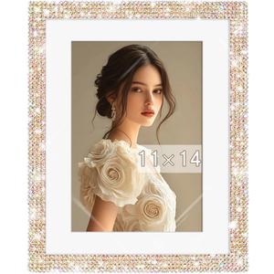 11x14 Bling Picture Frame, Display Pictures 8x10 with Mat or 11x14 Without Mat, Tabletop or Wall Mount Glitter Shiny Crystal Photo Frame With Sparkle Glass Rhinestones, Horizontally or Vertically(Golden)