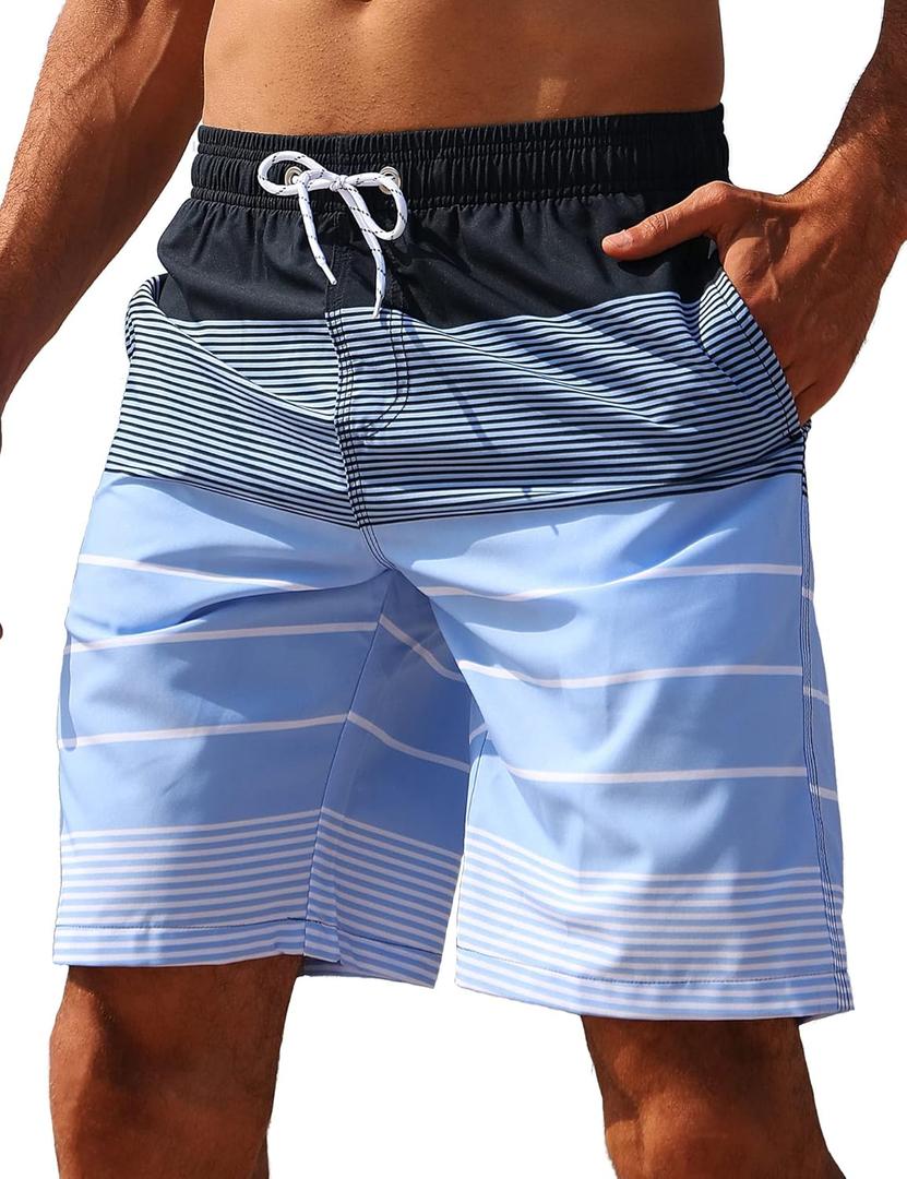 ELETOP Men's Swim Trunks Quick Dry Bathing Suit Swimming Board Shorts Mesh Lining Beach Swimwear (X-Large, 000 Stripe Blue)