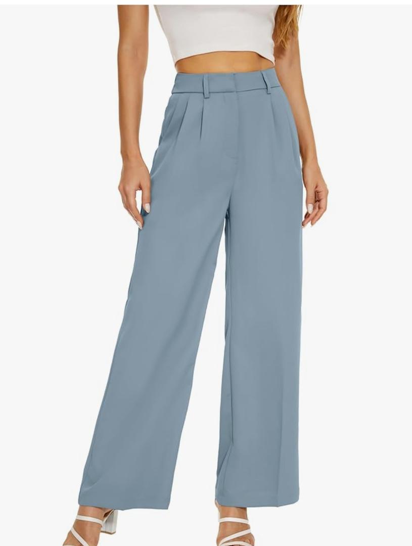 Women Office Wide High Waist Pants Loose Fit Elastic Waist Pleated Front Trousers for Work Casual, Medium