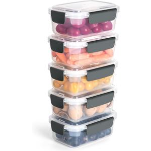 YORY 3 cup Plastic Food Storage Containers with Lids Nestable Freezer Dishwasher Safe Rectangle Container Set,5-Pack
