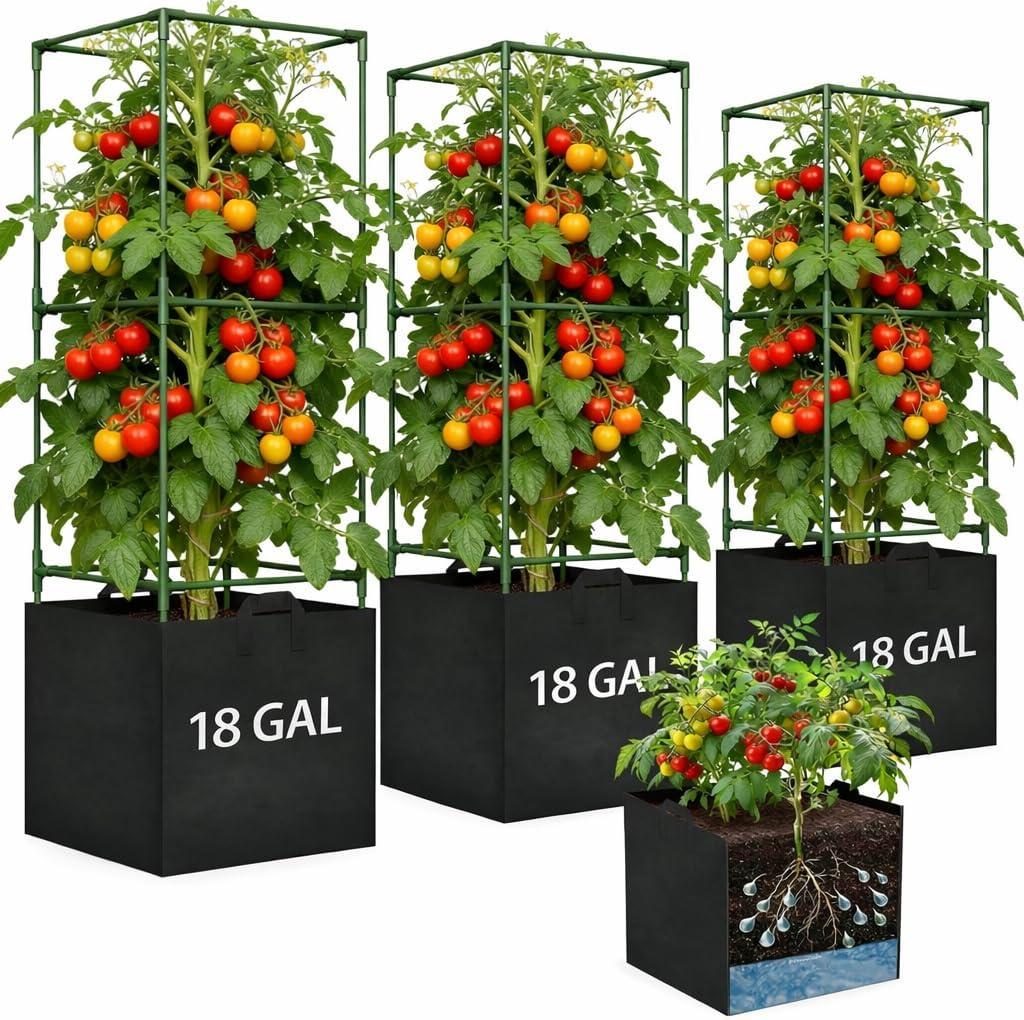 Tomato Cages for Garden, Tomato Planter with Trellis, 48in Tall Square Tomato Trellis with 18 Gallon Grow Bags, Patio & Balcony, Metal Tomato Cage for Tomatoes Cucumbers Peas Climbing Plants, 3 Pack